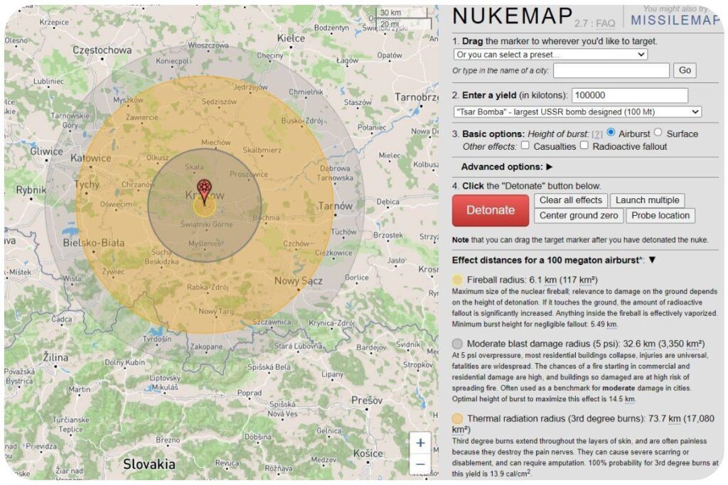 Mapa do testowania siły rażenia bomby atomowej
