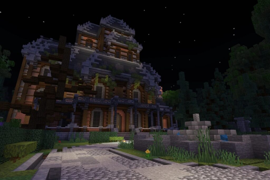 duży budynek z fontanną przed nim w minecraft