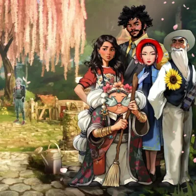 wszystkie postaci z gry oraz kot na tle ogrodu recenzowanej gry garden life a cozy simulator