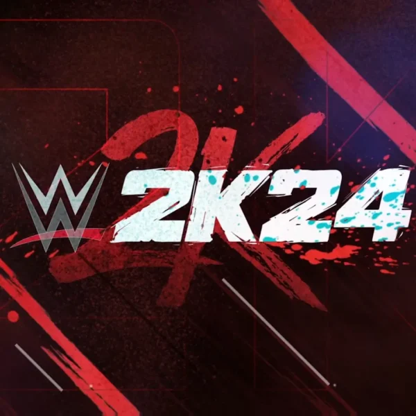Grafika z logo gry WWE 2K24 na czerwonym tle